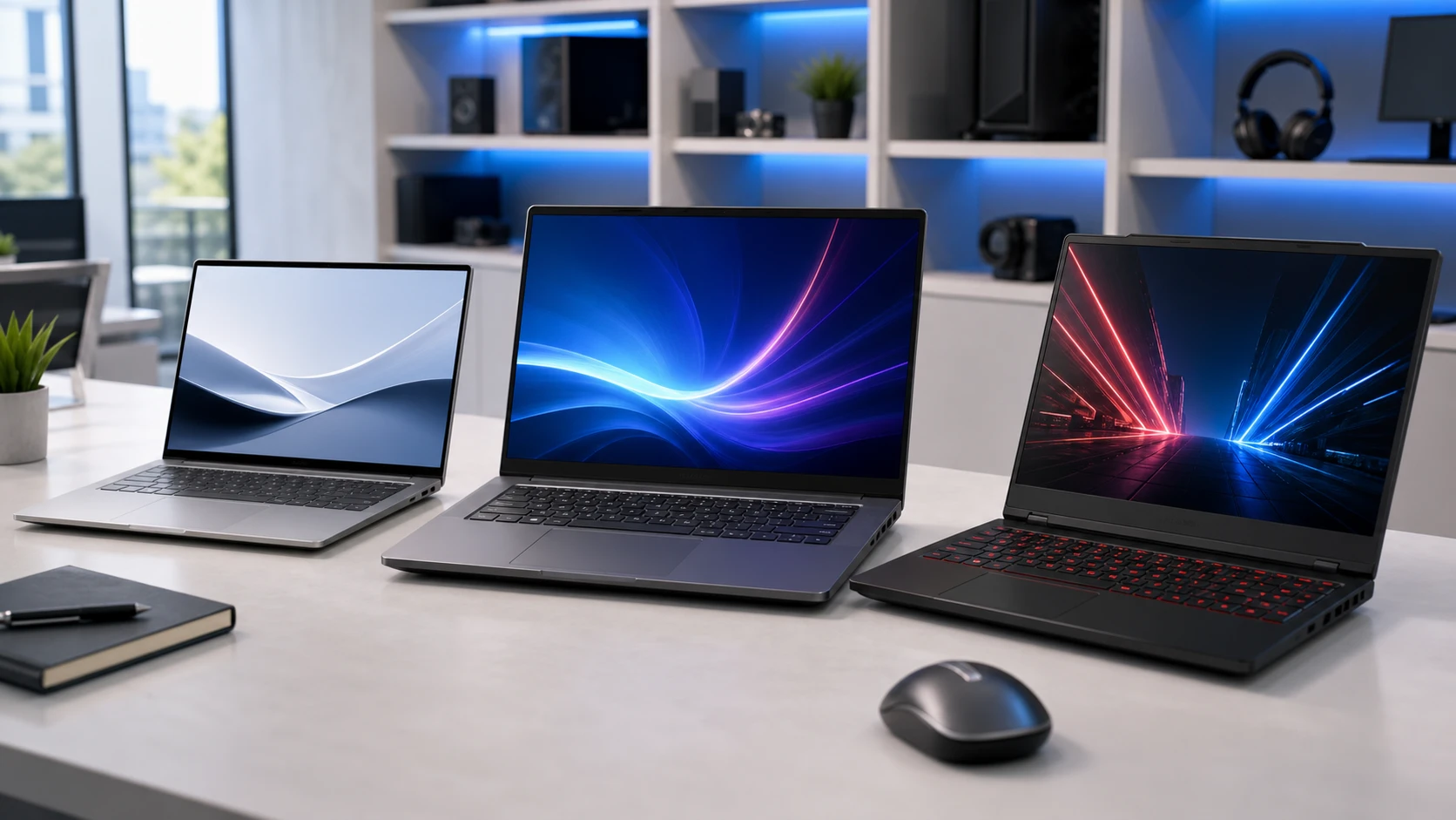 Trois ordinateurs portables modernes exposés dans un showroom pour comparer les usages et performances
