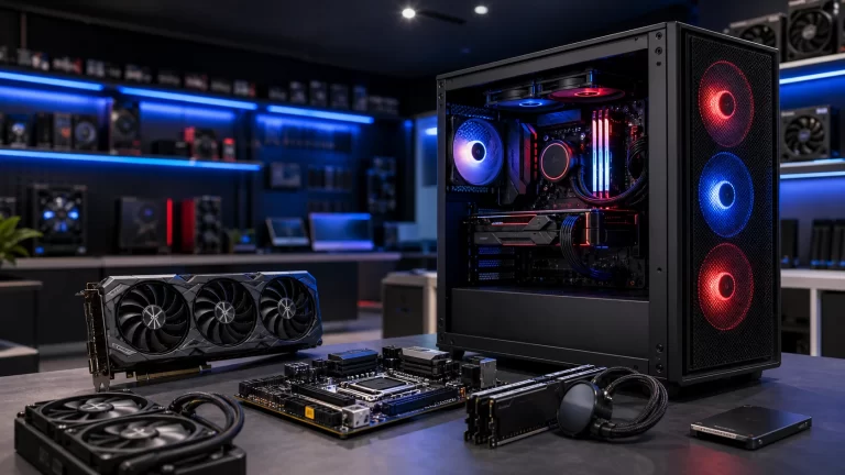 PC gamer ouvert avec carte graphique et composants sur un comptoir de boutique informatique