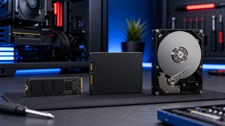 SSD NVMe, SSD SATA et disque dur ouverts sur un banc technique pour comparer les performances de stockage