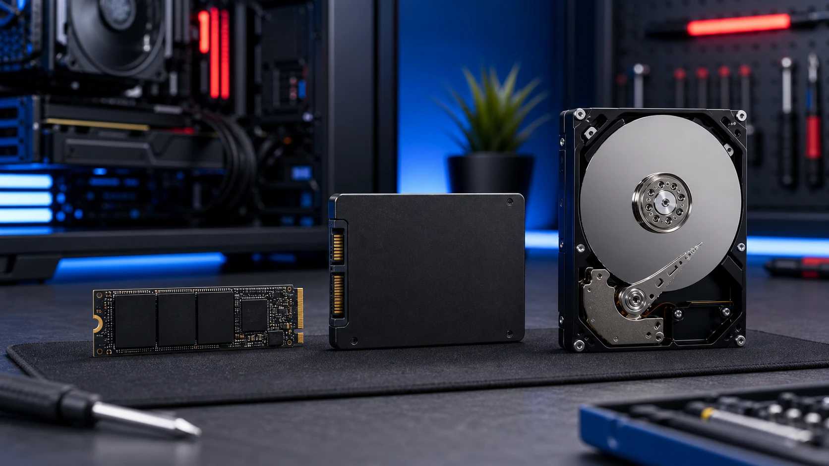 SSD NVMe, SSD SATA et disque dur ouverts sur un banc technique pour comparer les performances de stockage